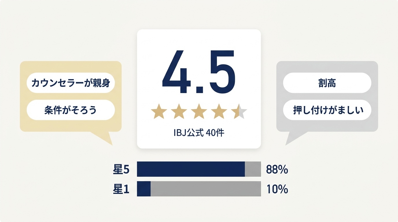 IBJ公式ページの口コミ評価と、評価が分かれるポイントの整理図。