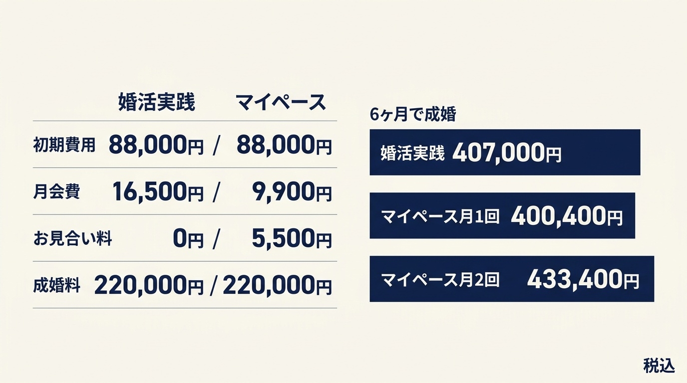 エフティヒアの主な2プランの料金と、6ヶ月で成婚した場合の総額比較。
