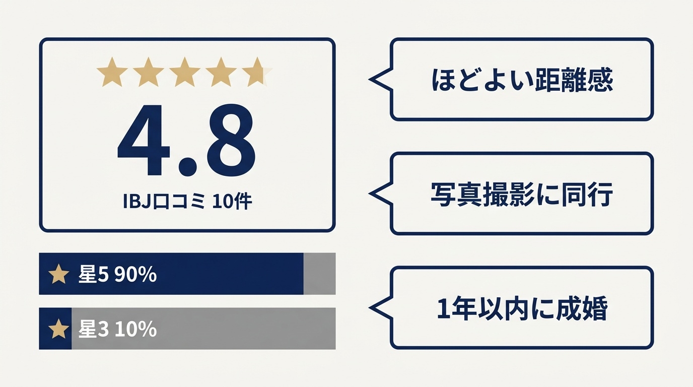 IBJ公式ページの口コミ評価と、口コミに多い声の整理図。