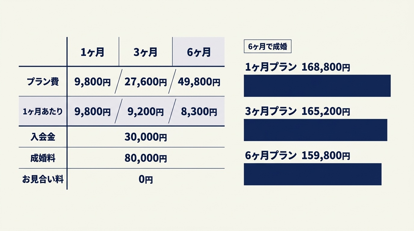 ベルロード縁結びサポートの3つのプランと、6ヶ月で成婚した場合の総額。