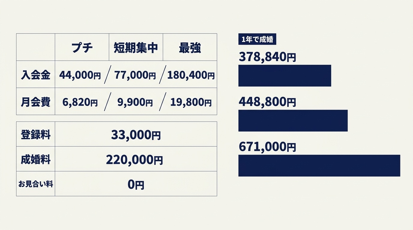Asmariの3プランの料金と、1年で成婚した場合の総額比較。