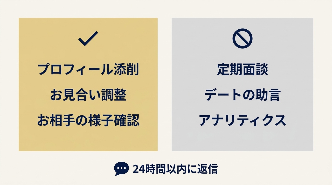 メルティアの担当者が行うサポートと、行わないサポートの整理図。