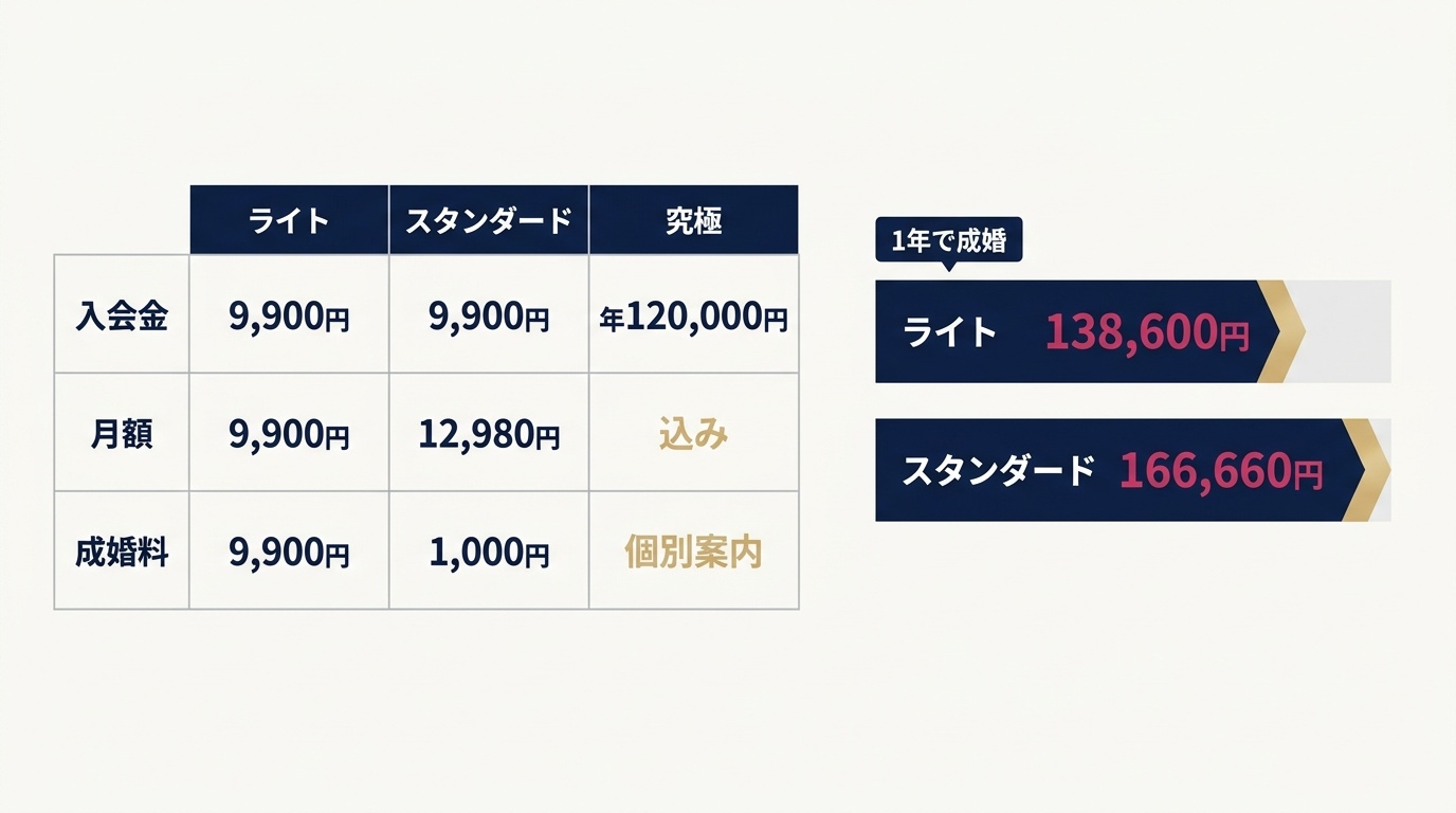 アムスのサブスク婚活3プランの料金と、1年で成婚した場合の総額。