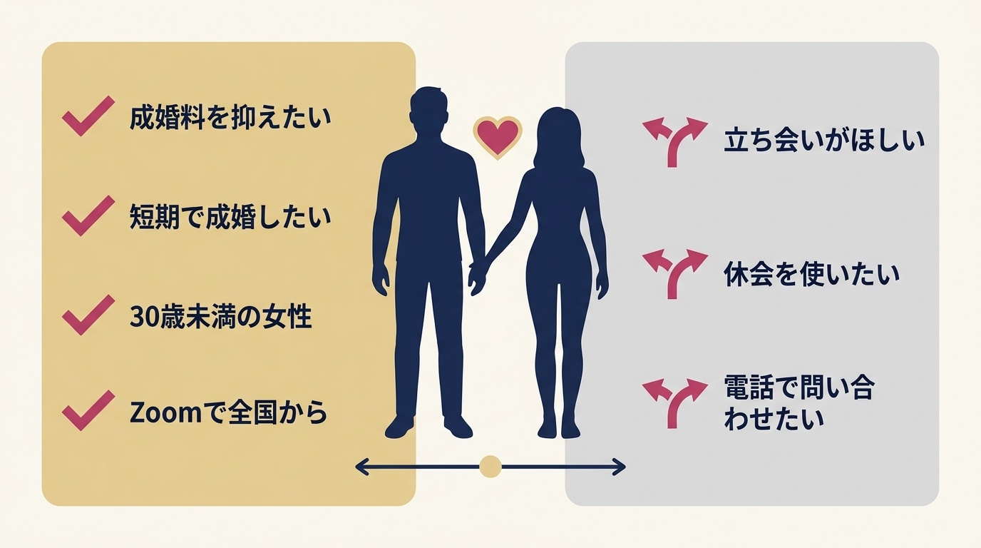 アムスのAIじゃない結婚相談所が向いている人・向いていない人の整理図。