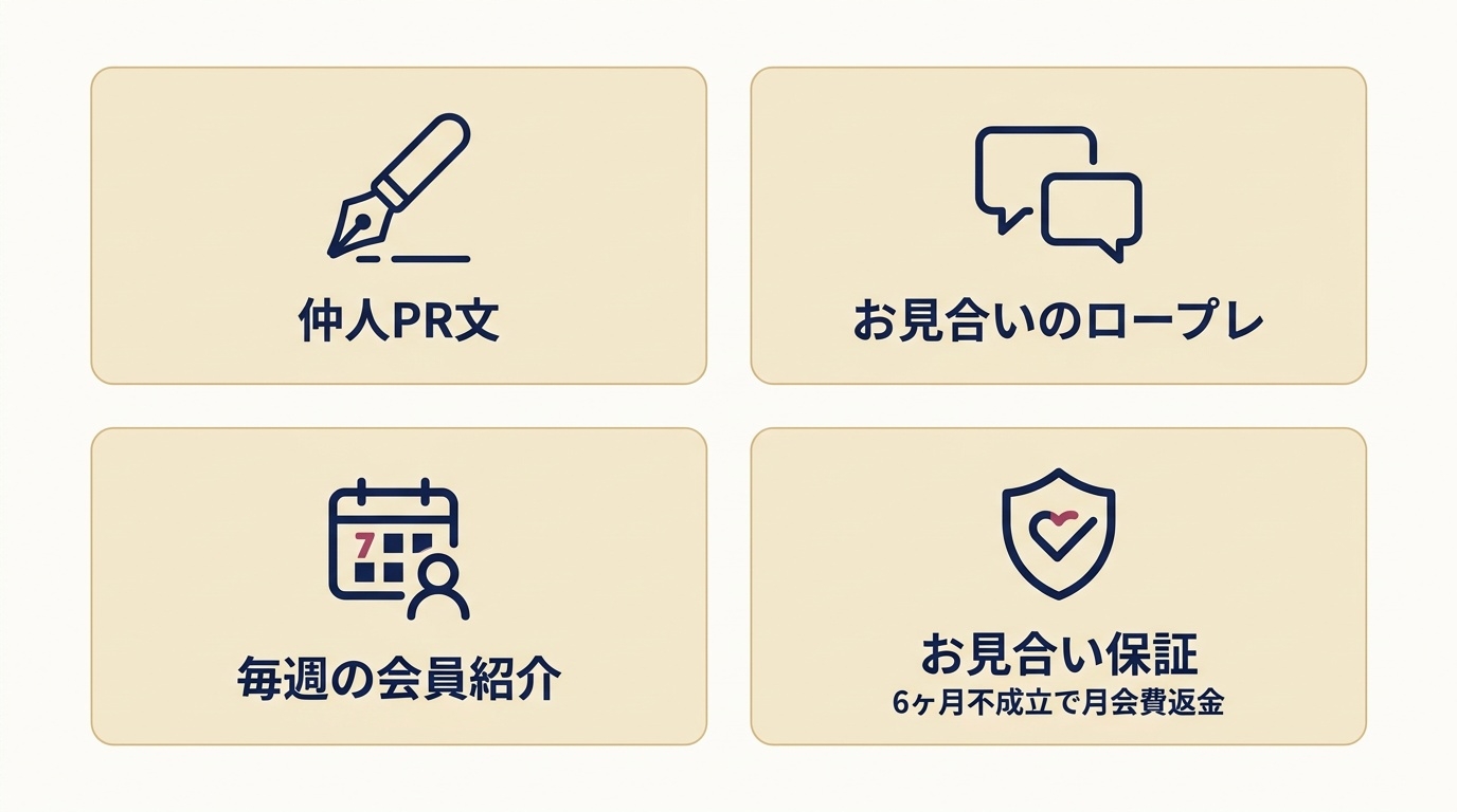 Hasegawa Marriage Agencyのサポートの特徴4つの一覧図。