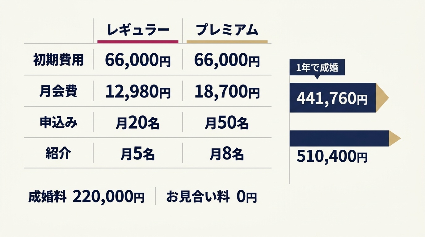 for Mの2つの本プランの料金と、1年で成婚した場合の総額。
