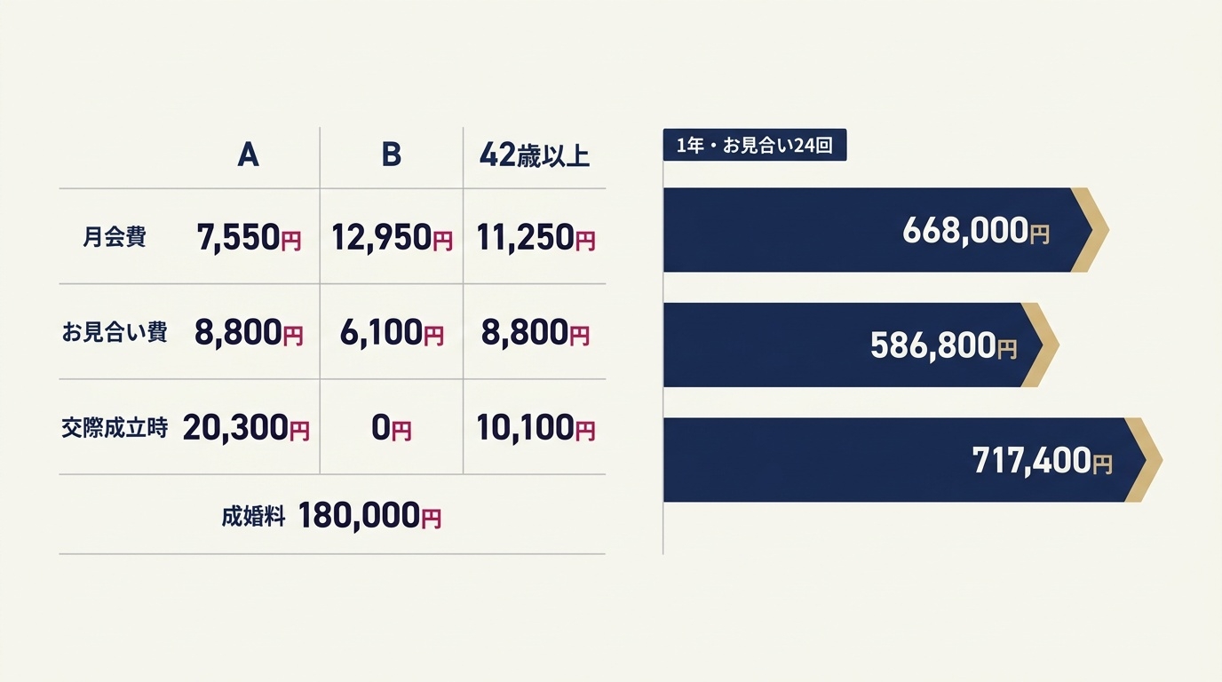 Bridalチューリップの3プランの料金と、1年でお見合い24回・成婚した場合の総額。