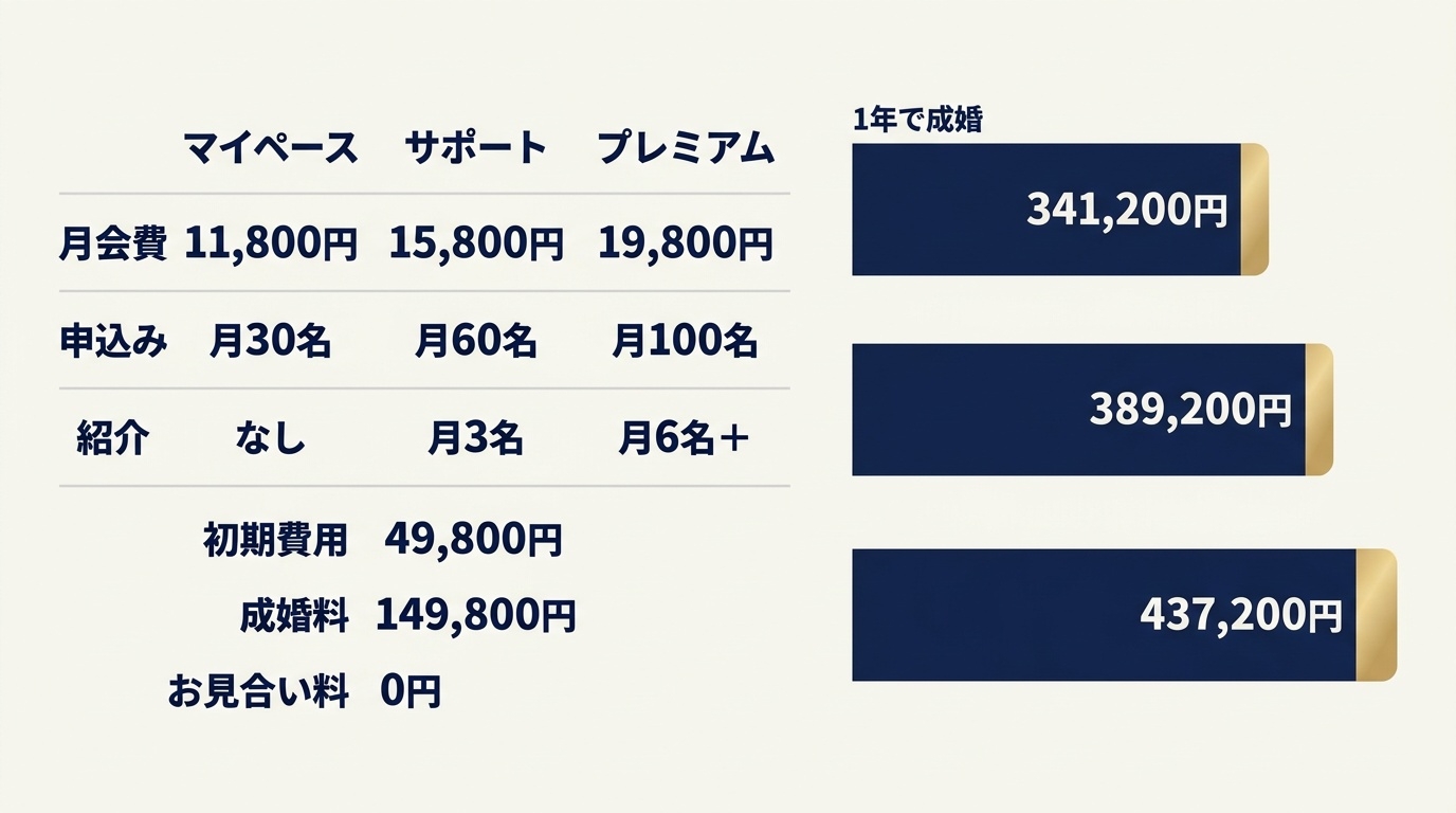 ウェルスマの3プランの料金と、1年で成婚した場合の総額比較。