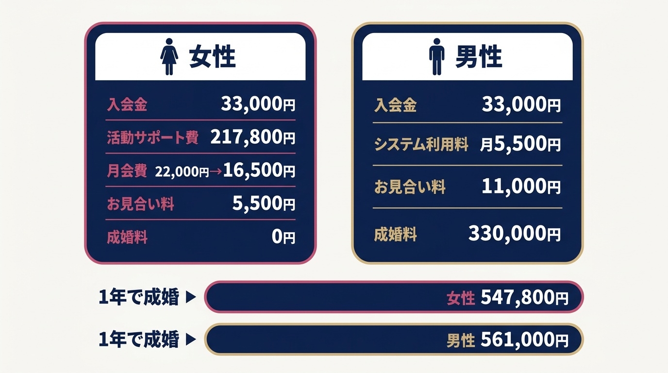 マリッジクラブ・ウィッシュの男女別の料金と、1年で成婚した場合の総額。