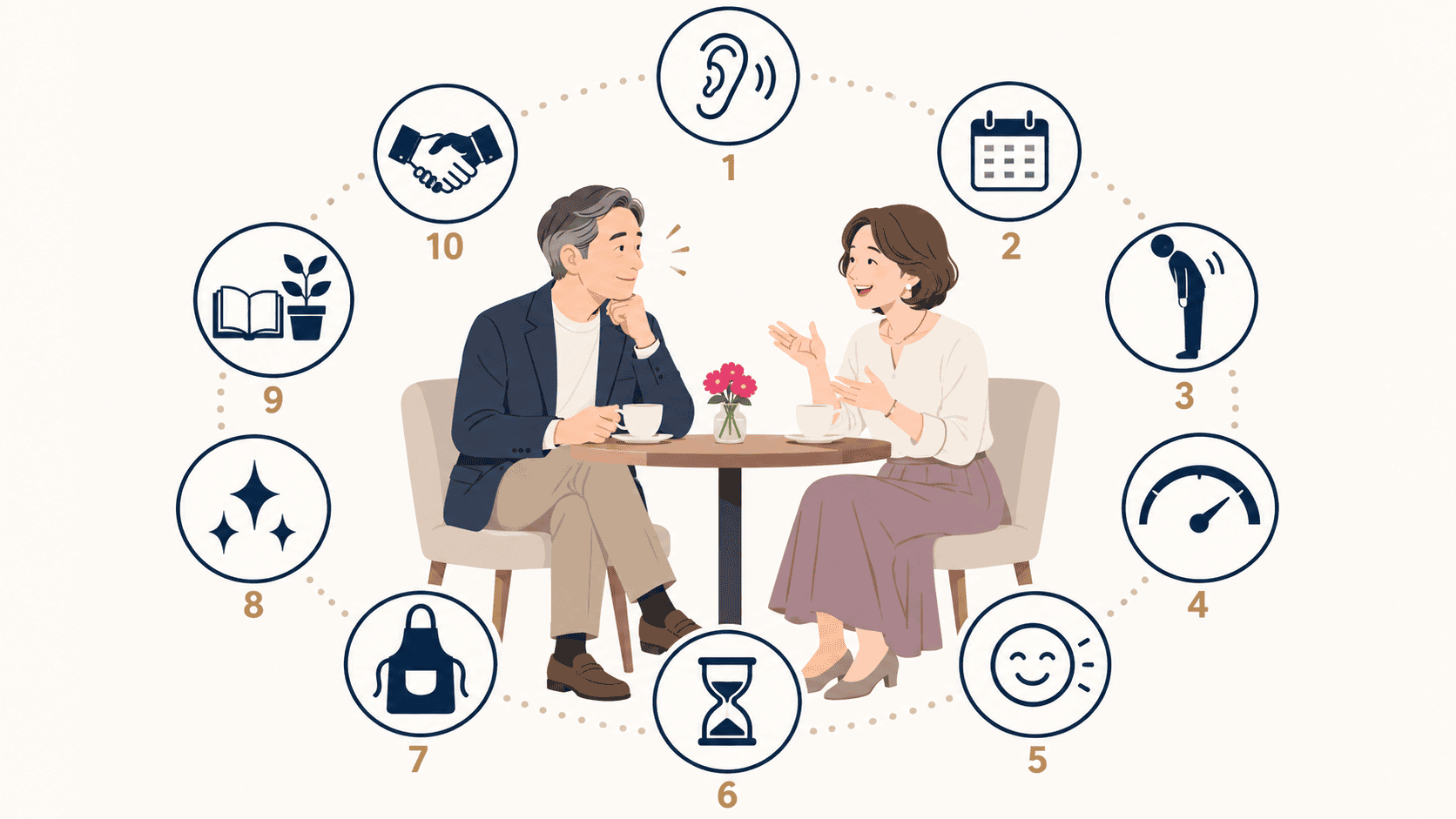女性が「なぜかモテる」と感じる50代男性の10の理由（聞く・段取り・丁寧な態度・機嫌の安定・失敗を笑える・急かさない・家事・清潔感・趣味・気づかい）。