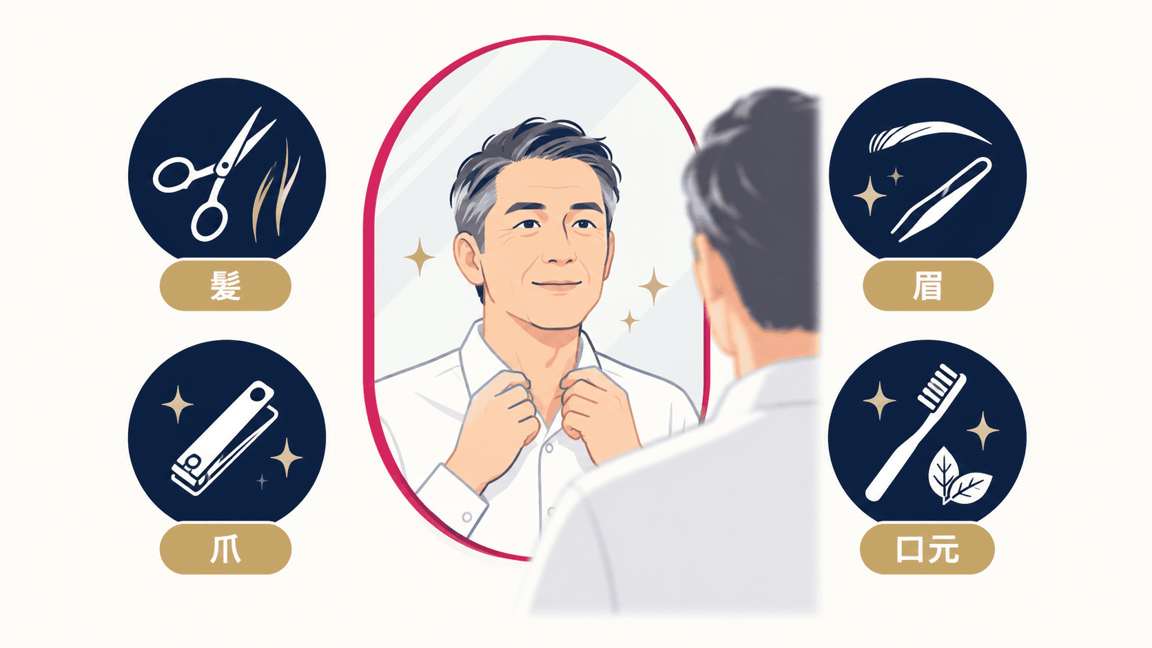 同窓会で垢抜けて見える50代男性の身だしなみ4か所：髪・眉・爪・口元