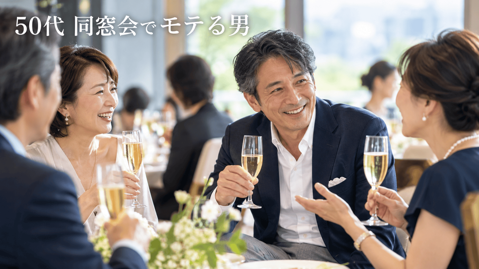 ホテルの同窓会で同世代の友人と笑顔で乾杯する50代男性