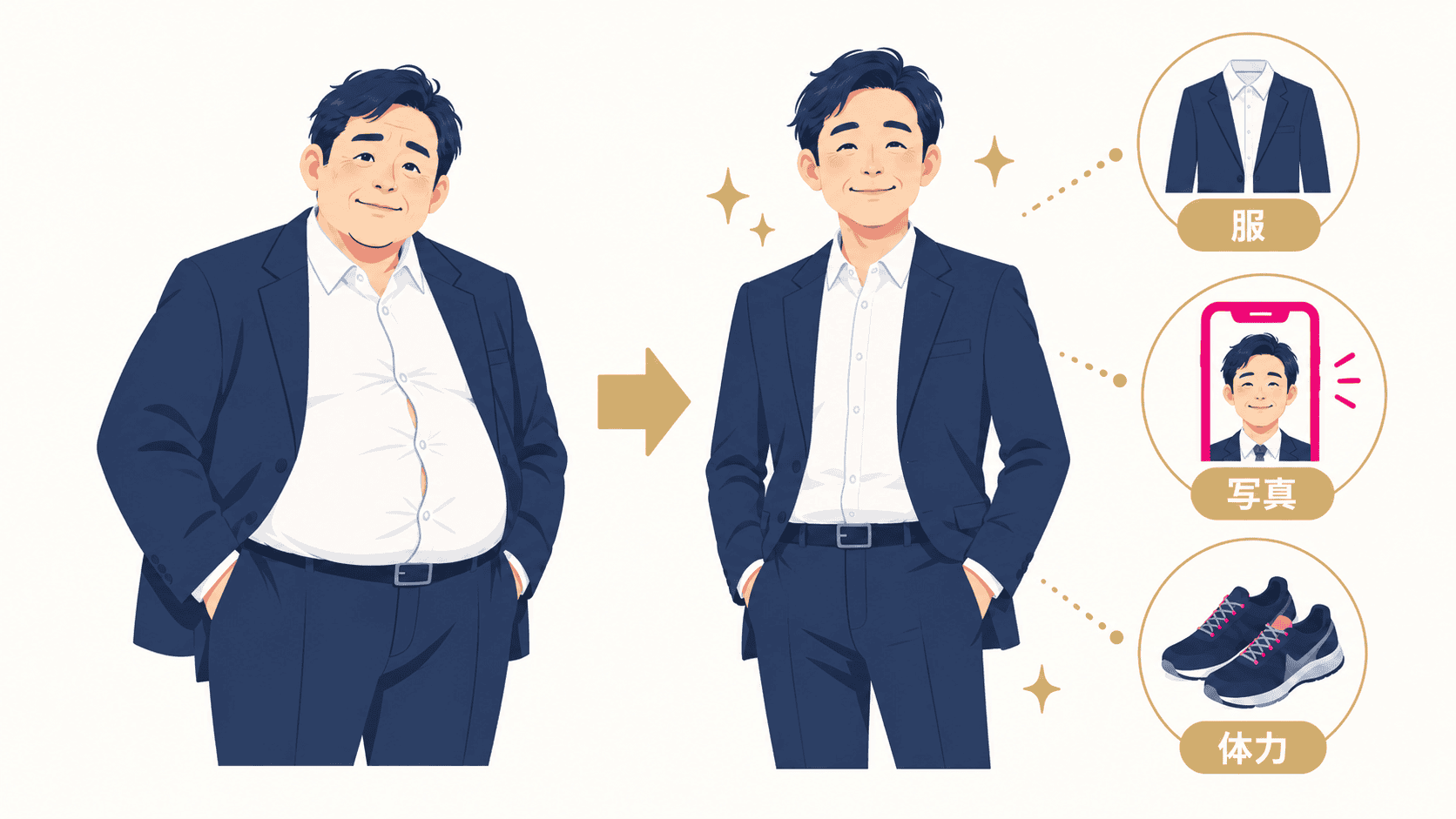 40代男性の服のシルエット・プロフィール写真・体力の変化を示すイメージ