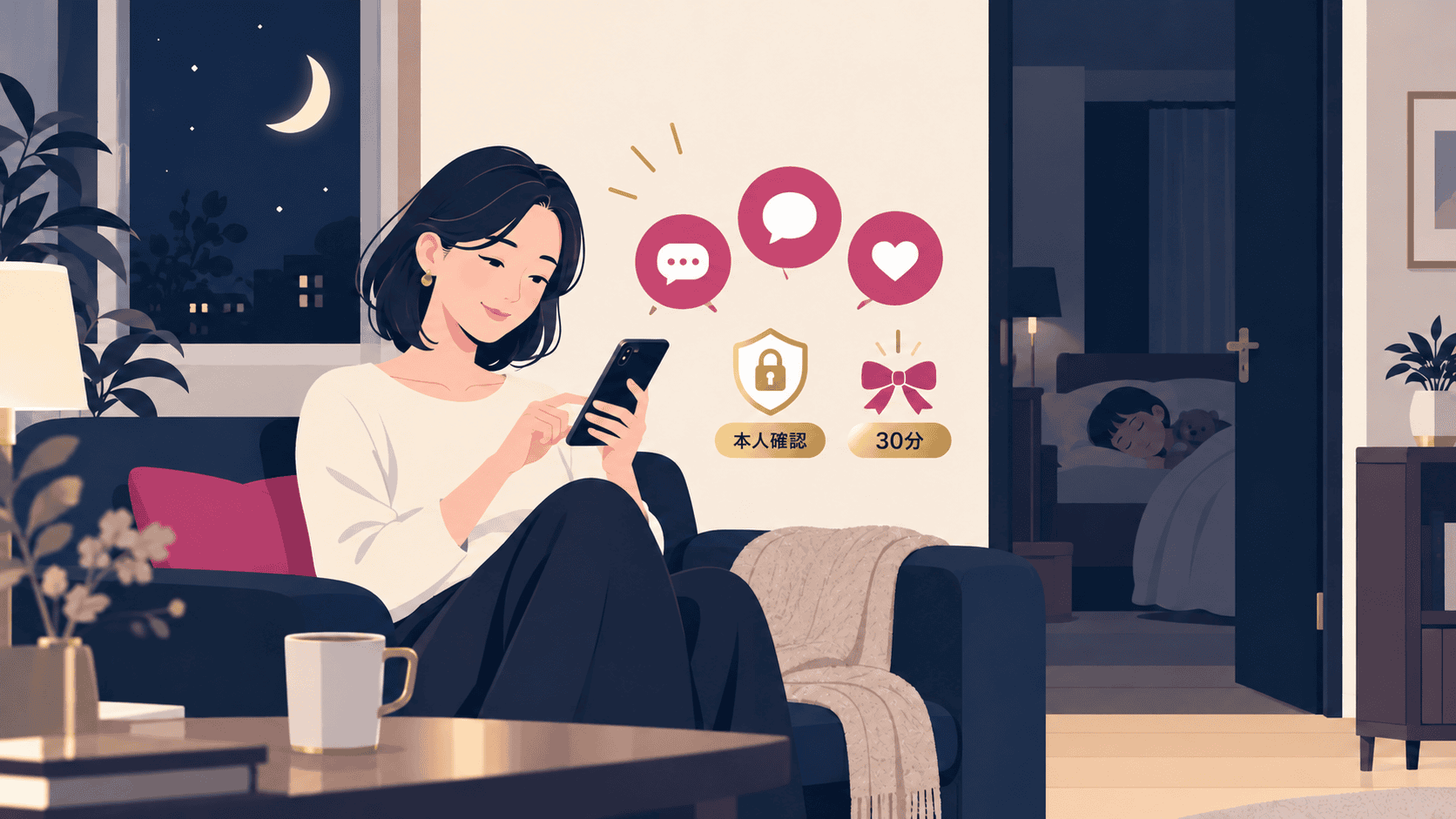 子どもが寝たあとの時間に、マッチングアプリで相手を探すイメージ。