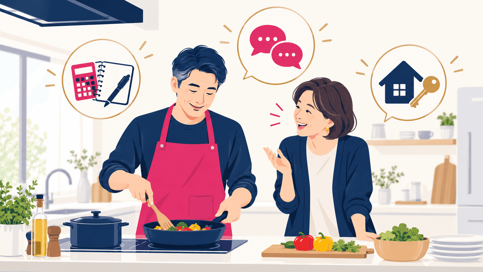 家事・家計・話し合いについて、生活経験をもとに二人で協力するイメージ。得意不得意や考え方には個人差があります。