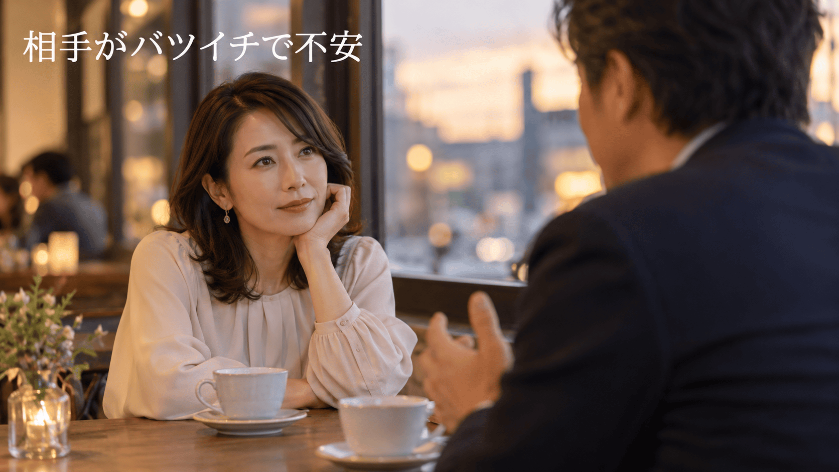 カフェで男性の話に耳を傾ける40代の女性。相手がバツイチで不安。