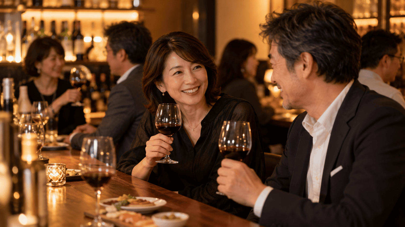 大人世代の交流会で会話を楽しむ男女。
