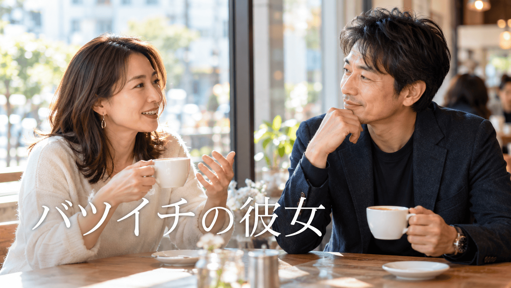 カフェで穏やかに語り合う40代の男女。バツイチの彼女。