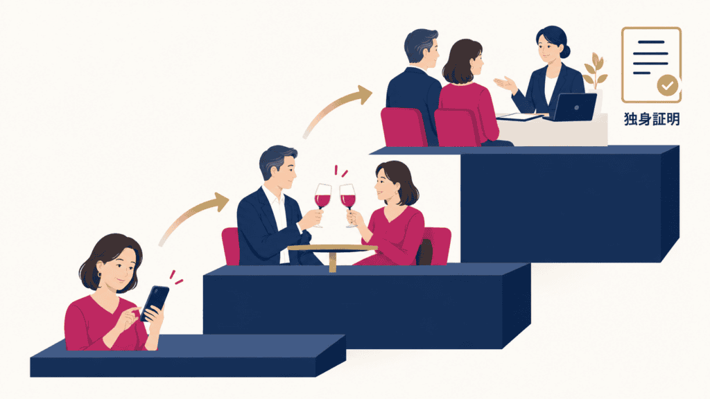 本人確認や独身の確認、人が間に入る仕組みのある婚活の場。