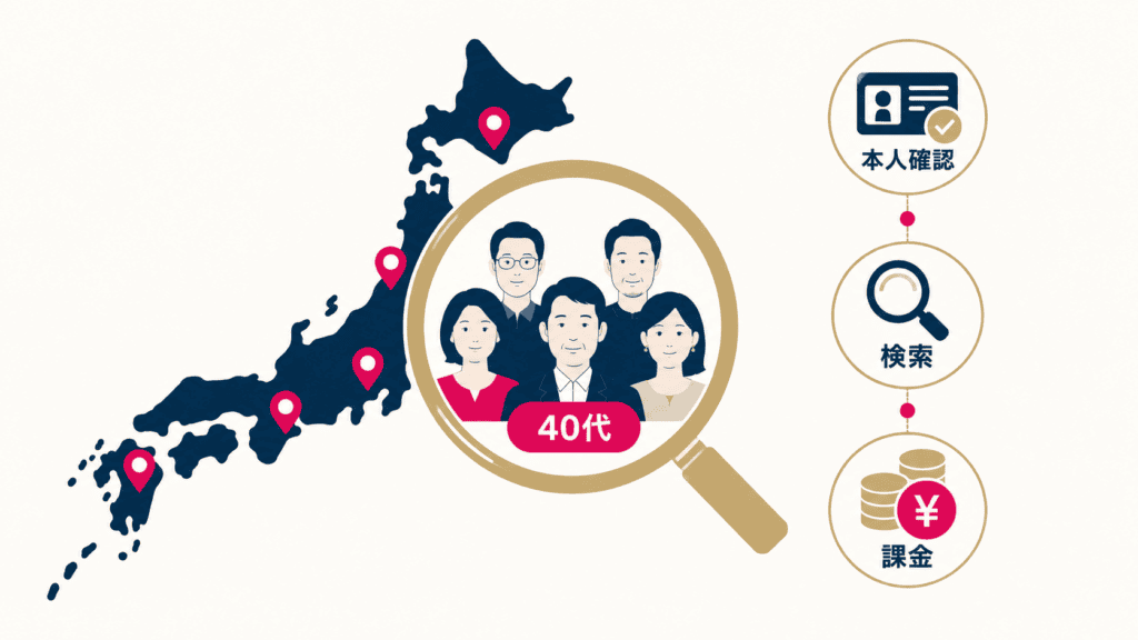 課金の前に、自分の地域と年代の相手の数を検索で確かめる流れを示した図。