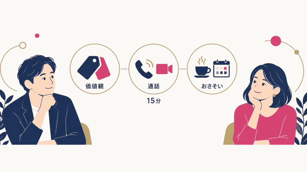 ペアーズで40代が使いやすい、価値観・通話・おさそいアシストの3つの機能を示した図。