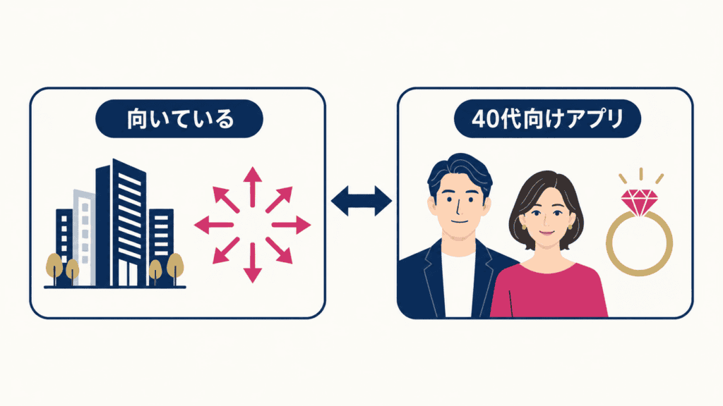 ペアーズが向いている40代と、40代向けアプリが探しやすい40代を左右で比べた図。