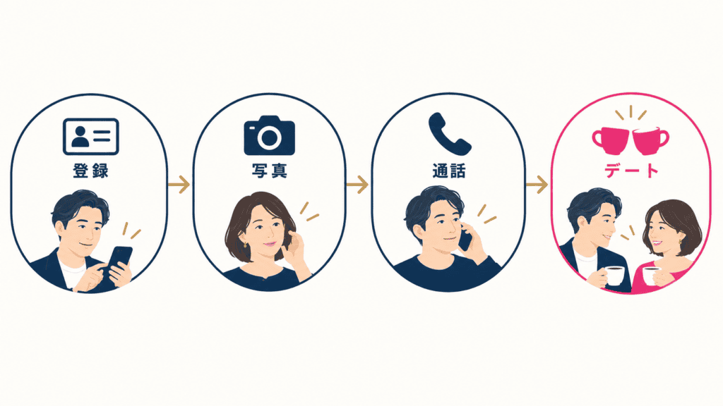 ペアーズの登録から初デートまでの流れを4つのステップで示した図。