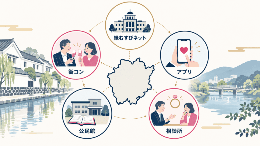 岡山で40代が出会える5つの場を示した図。