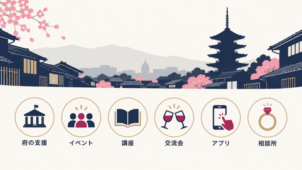 京都で40代が出会える6つの場を示すアイコン図