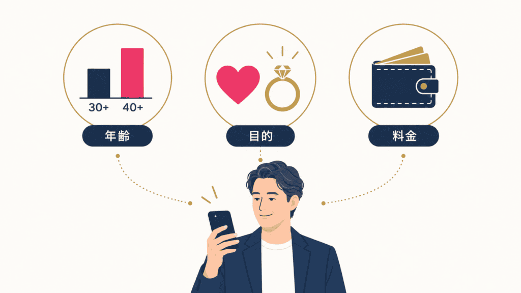 40代男性がマッチングアプリを選ぶ3つの基準の図。