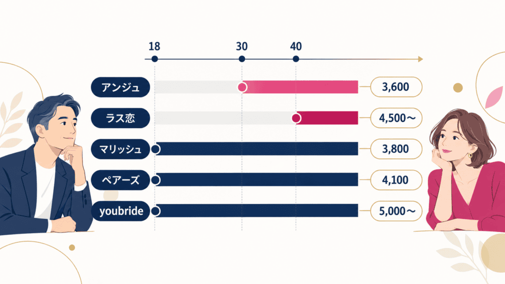 40代男性向け5つのマッチングアプリの登録できる年齢と男性の1か月料金を並べた図。