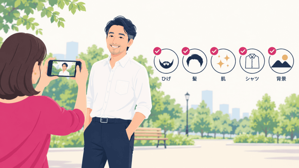 40代男性が選ばれる写真の撮り方を示した図。