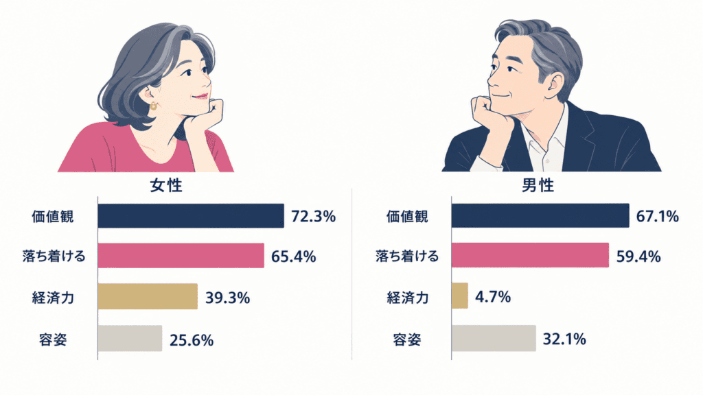 独身の40〜69歳が結婚相手に求めることの男女比較グラフ