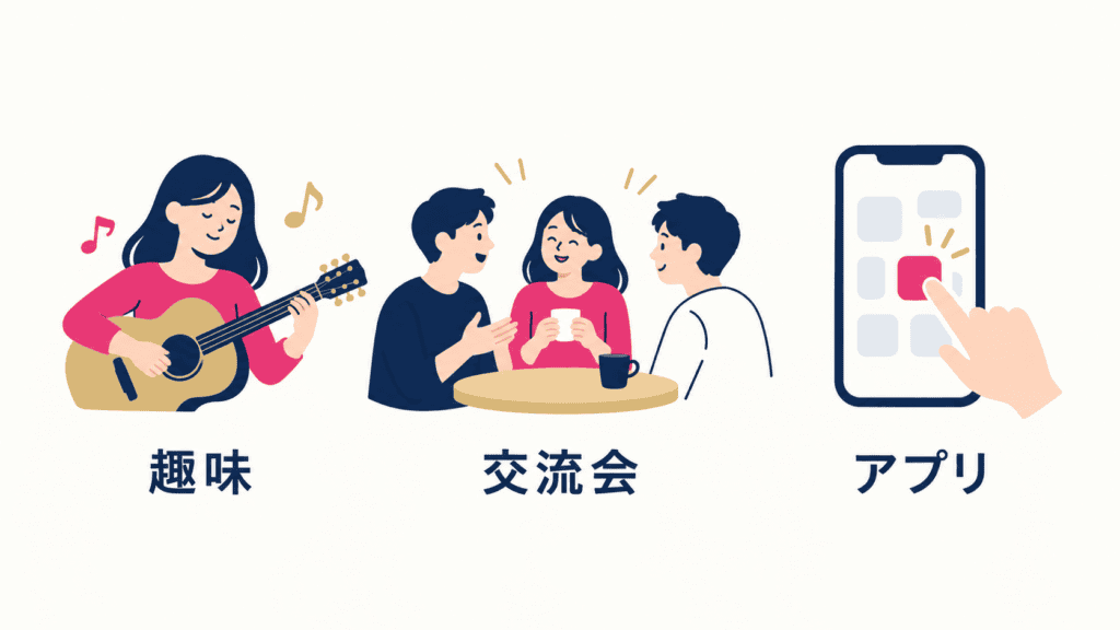 60代の恋愛の出会い方3つを並べたアイコン図