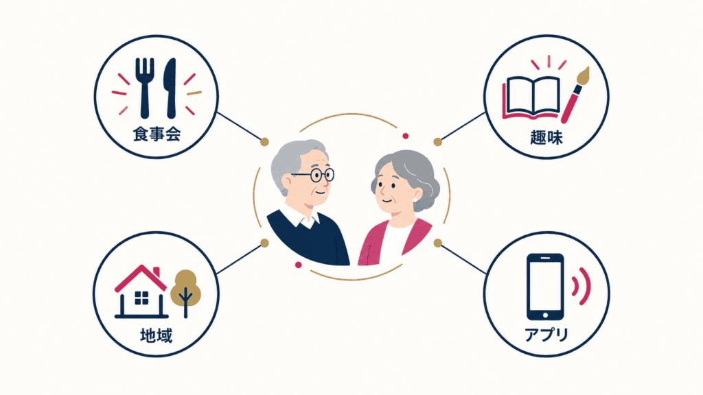 高齢者の恋愛が始まりやすい場を、食事会・趣味・地域・アプリの4つで示した図。