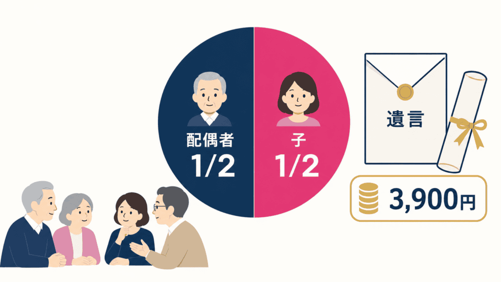 配偶者と子どもが相続人になるときの法定相続分と、遺言書の保管制度を示した図。