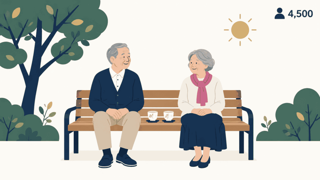ベンチで話す高齢の男女のイラストと、2024年に70歳以上で結婚した人数。