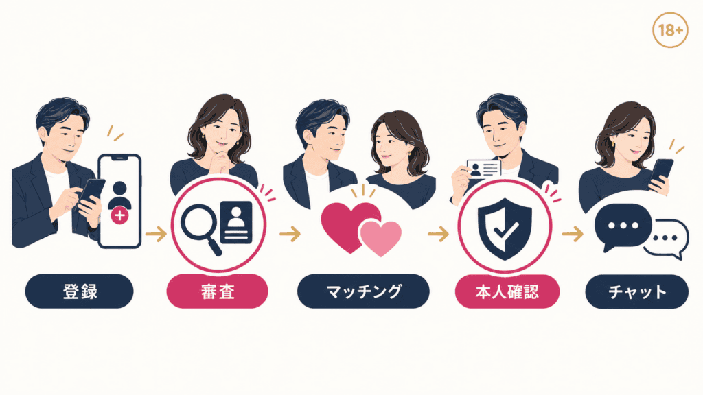 ウィッピーの登録からチャットまでの流れと、プロフィール審査・本人確認の2つの確認の位置を示した図。