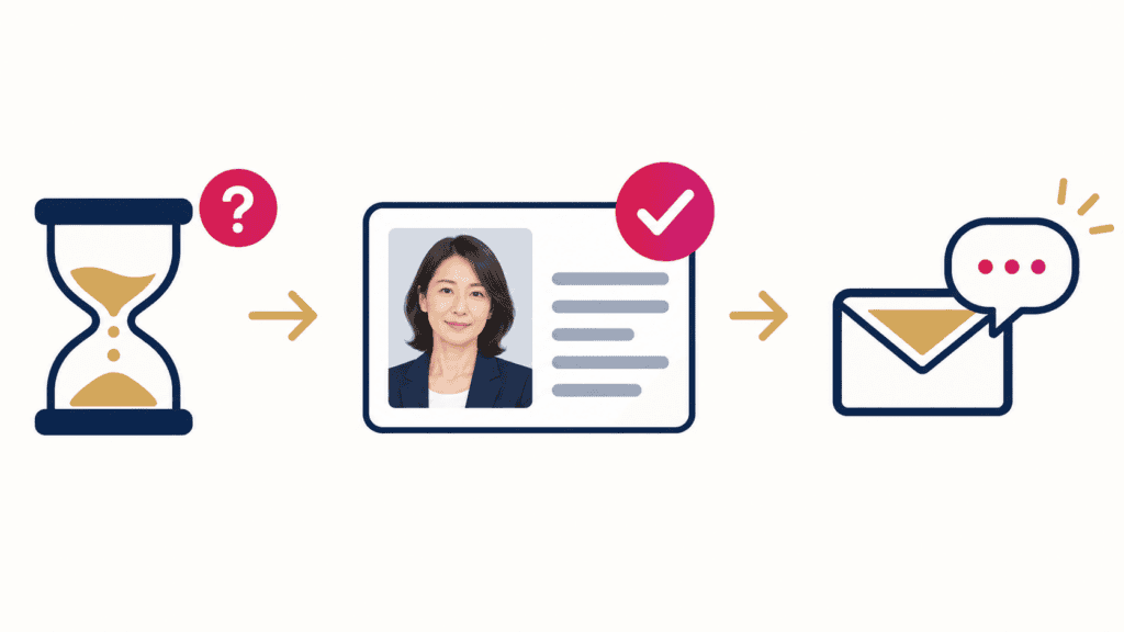 審査が長いときに、写真と自己紹介を見直してからサポートへ問い合わせる流れを示した図。