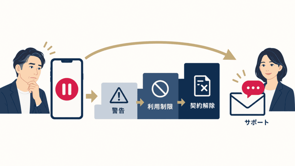 規約違反への措置の段階と、身に覚えがないときにサポートへ問い合わせる流れを示した図。