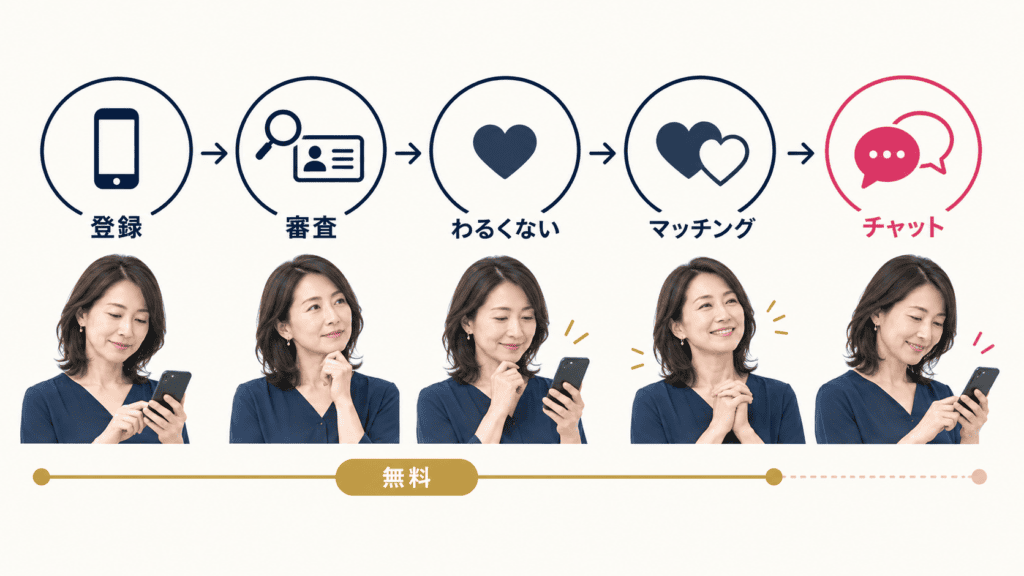 ウィッピーの登録からチャットまでの5つのステップと、無料で使える範囲を示した図。