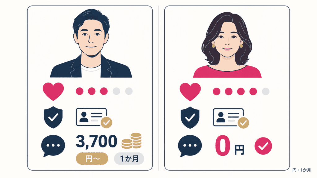 ウィッピーでチャットするときの、男女の無料の範囲と本人確認の位置を比べた図。