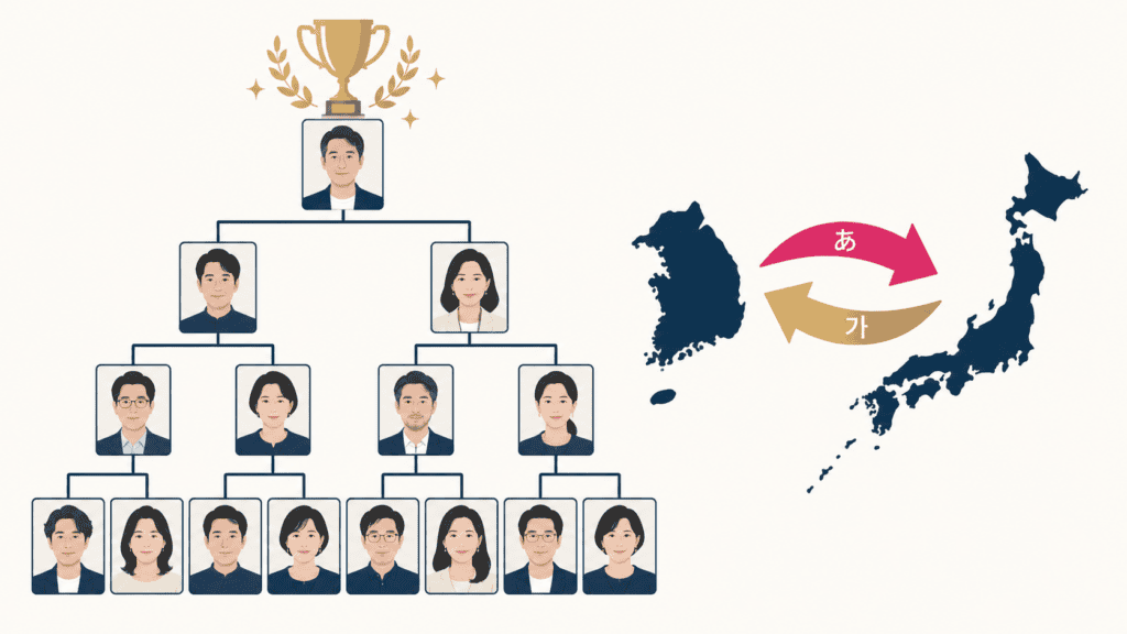 理想のタイプワールドカップのトーナメントと、韓国の会員と翻訳つきでやりとりできる機能を示した図。