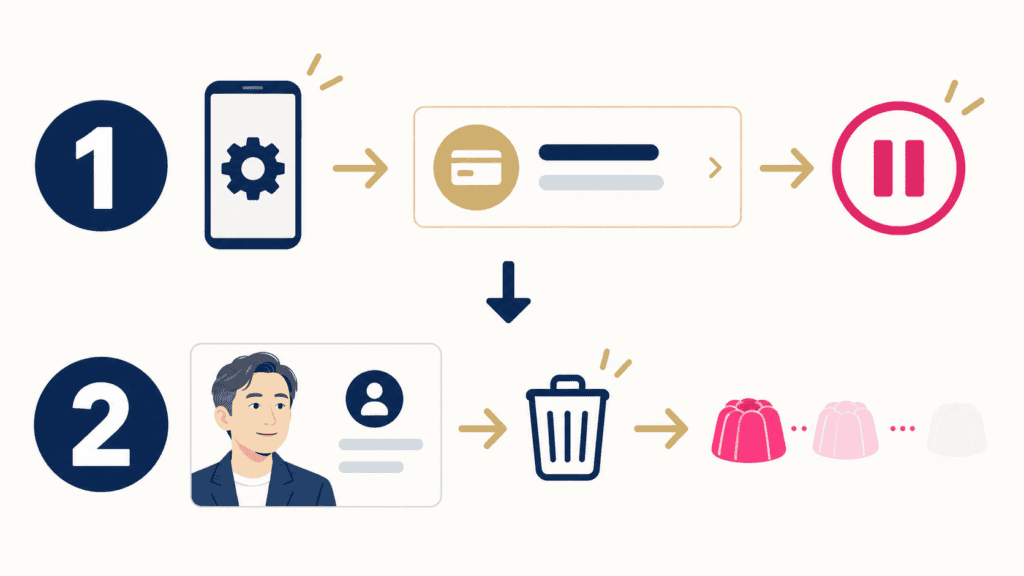 先にストアで自動更新を止め、次にアカウント削除をする退会の順番を示した図。