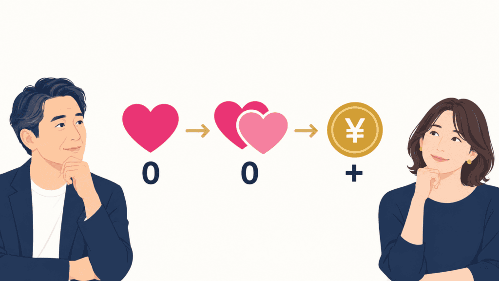 無料のわるくないとマッチングから始め、課金は必要になってからにする順番を示した図。