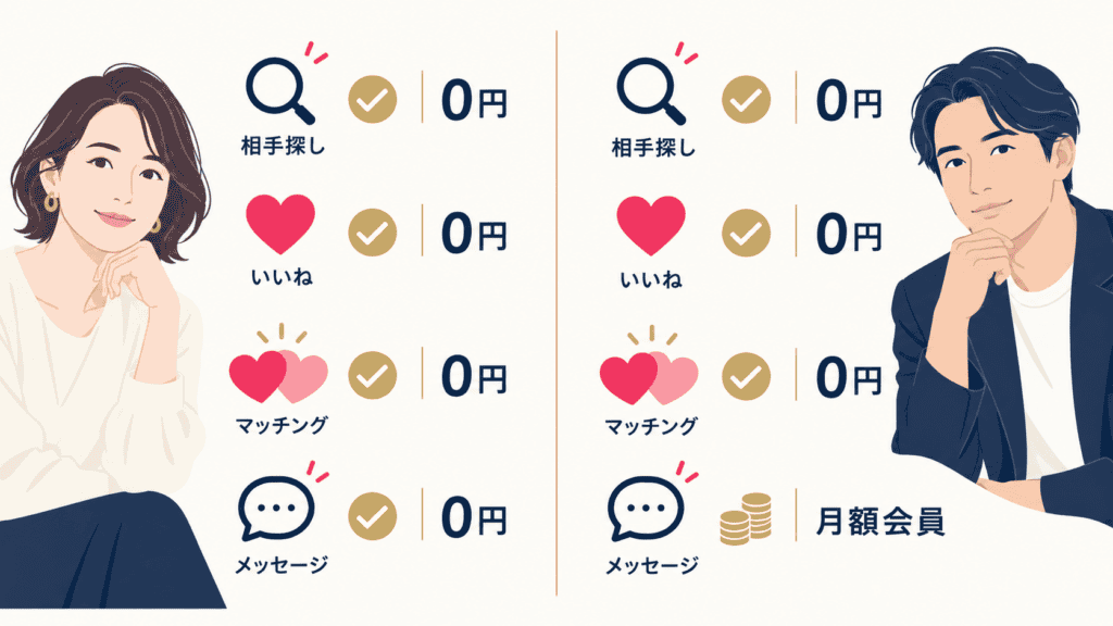 マリッシュで男女それぞれ無料で使える範囲と、男性に料金がかかる位置を比べた図。