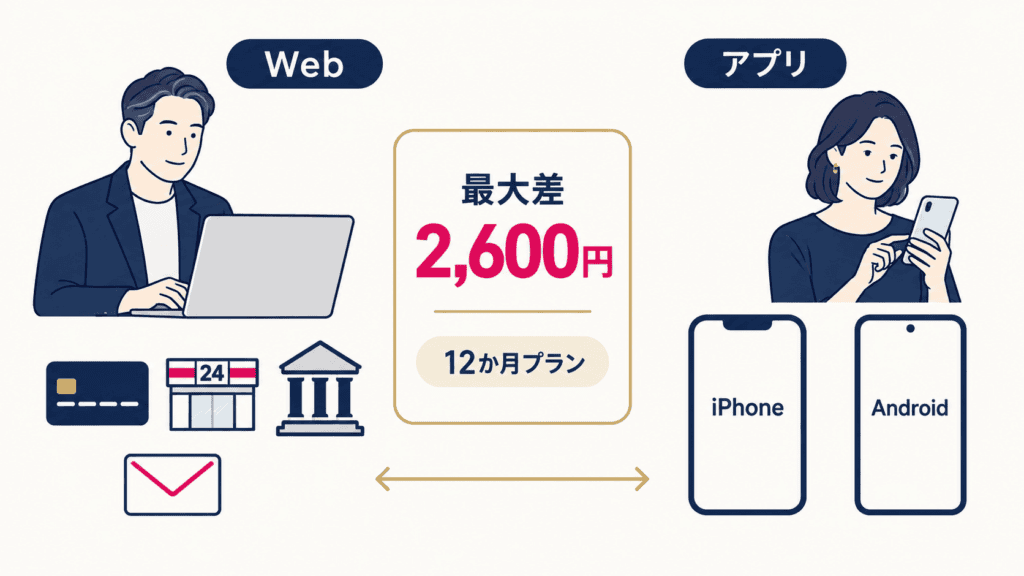 Web決済とアプリ内課金の支払い方法と、12か月プランでの料金差を示した図。
