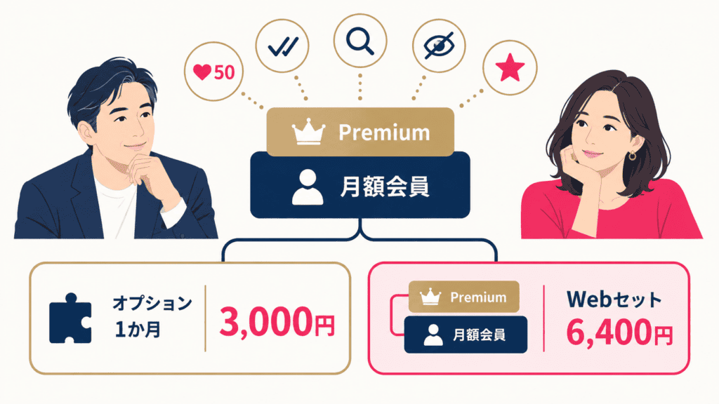 月額会員の上に重ねるプレミアムオプションの料金と、主な機能を示した図。