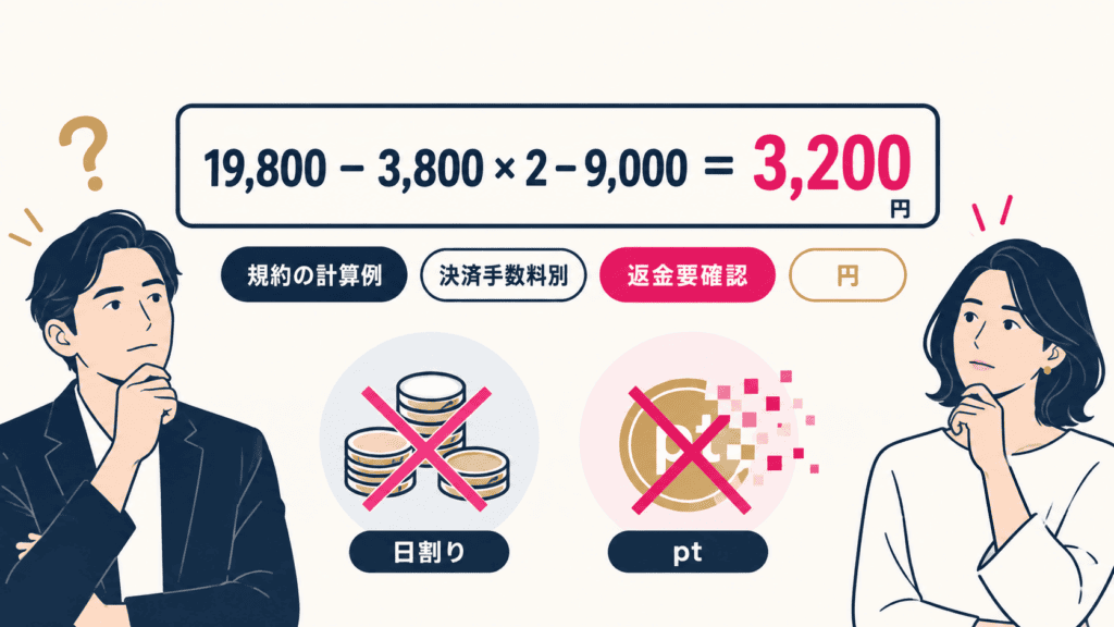 利用規約の返金の計算式を、12か月プランを2か月目にやめた例で示した図。