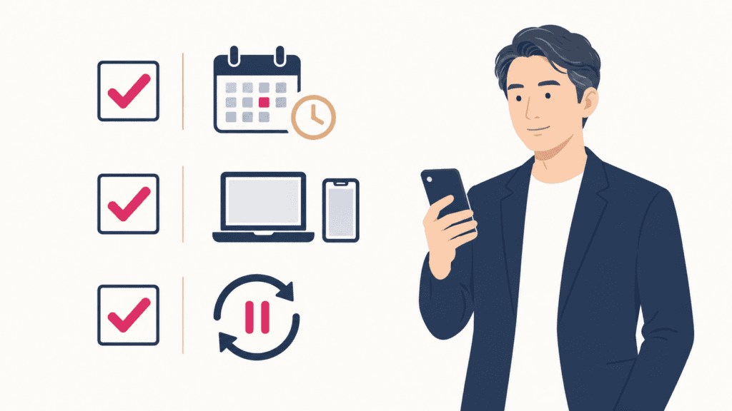 課金の前に決めておきたい、使う期間・支払い方法・自動更新を止める日の3つを示したチェックリスト。